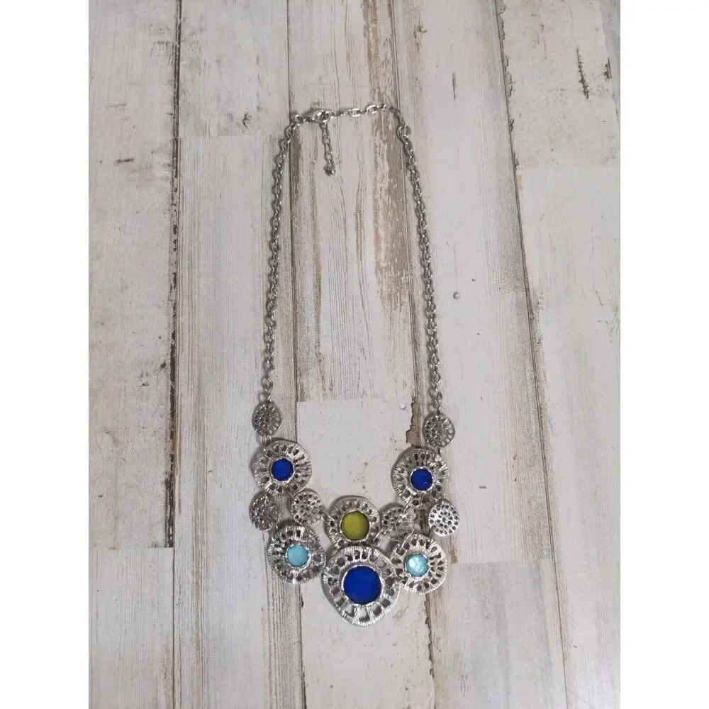 Statement Necklace & Matching‎ Earring Set, silver tone, blue yellow & teal - Picture 5 of 6